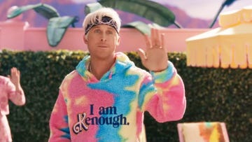 ryan gosling as ken wearing i am kenough hoodie, barbie movie