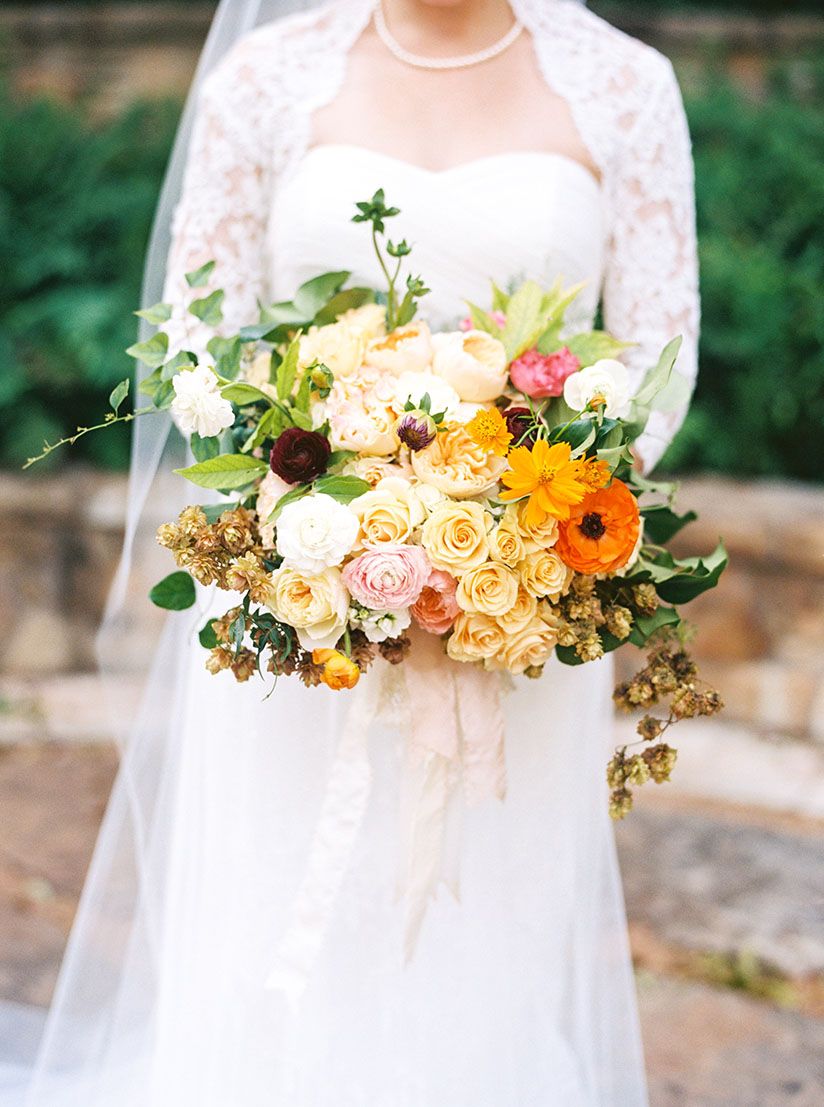 fall wedding bouquet with dried hops