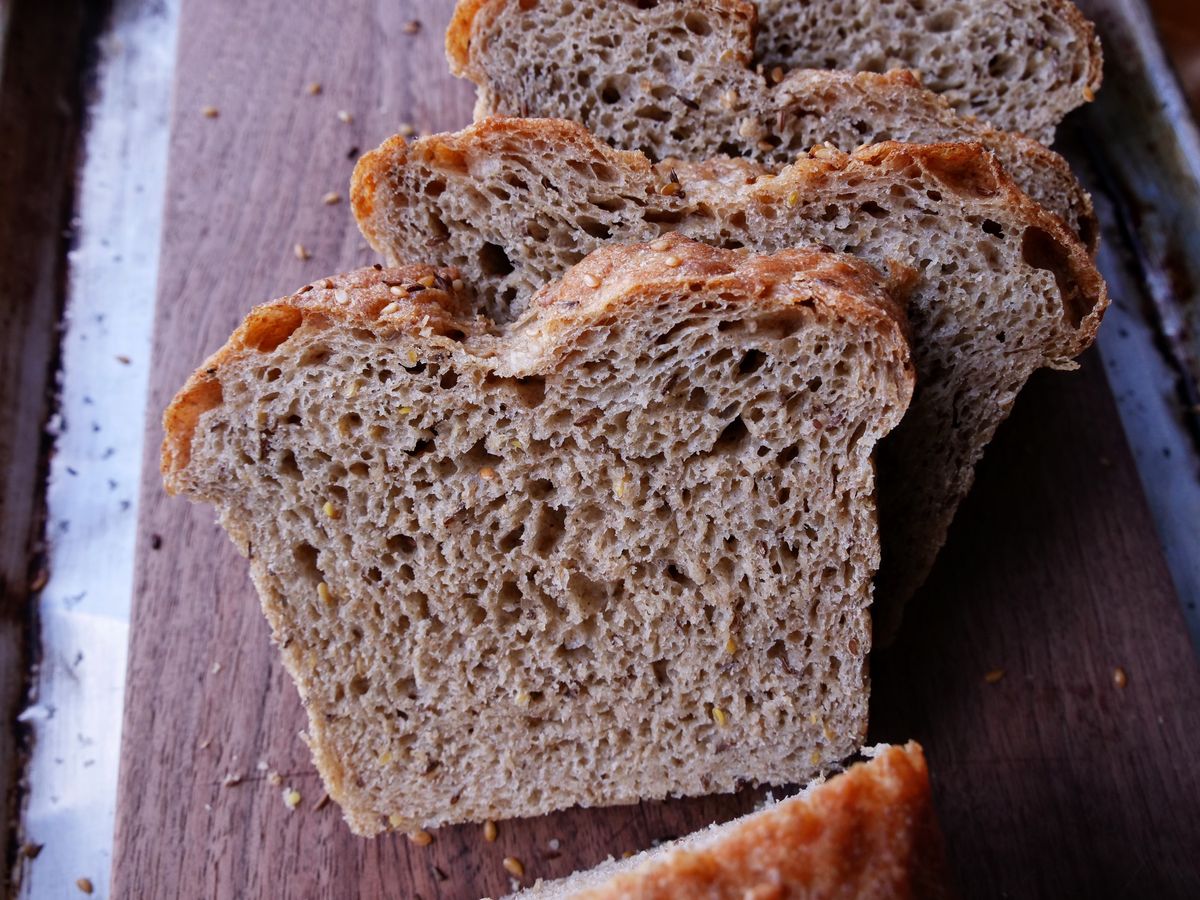 sliced rye bread seeded with caraway and flax