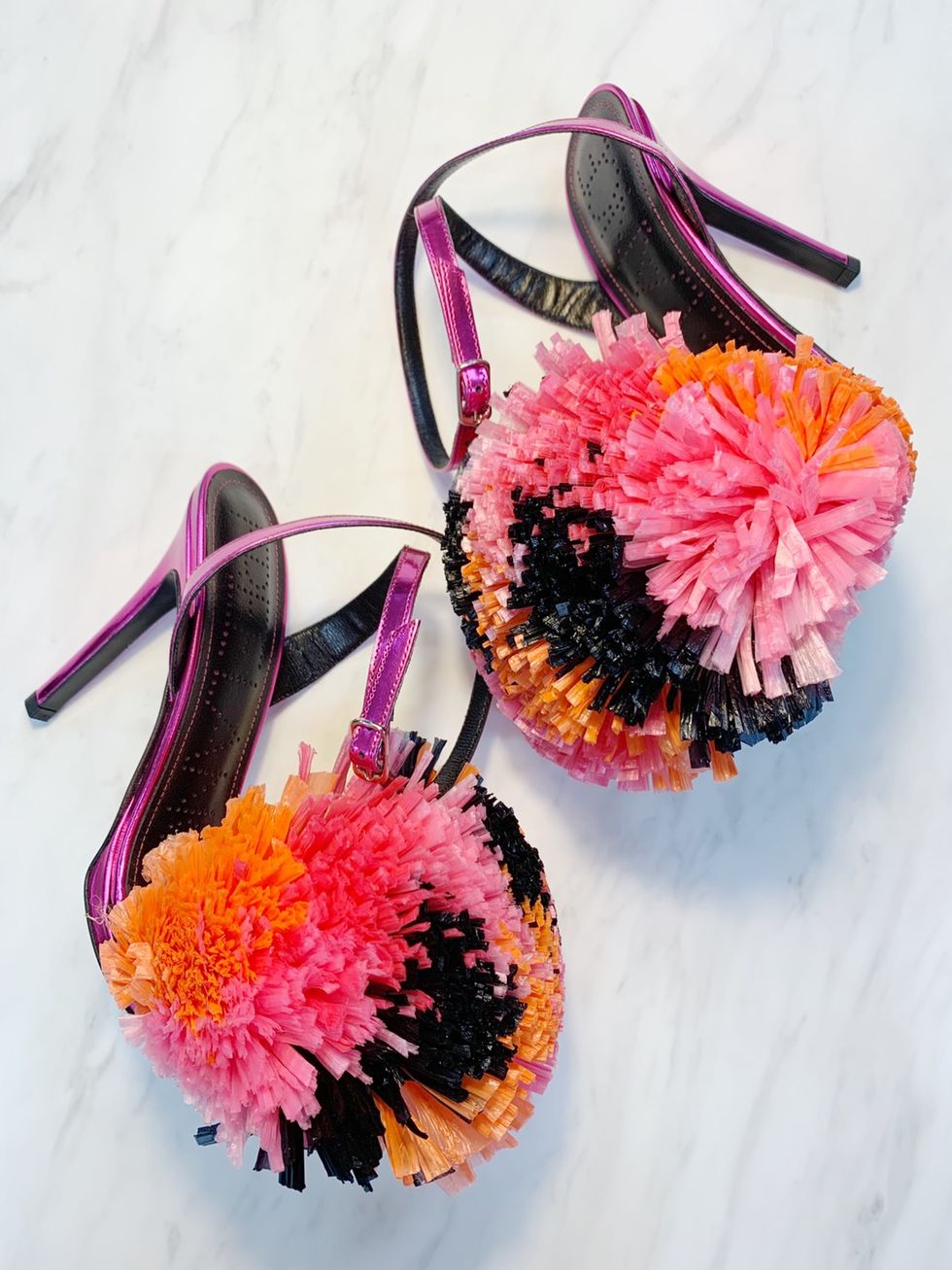 Pink, Orange, Flower, Pom-pom, Cut flowers, Hair accessory, Plant, Footwear, Crochet, Artificial flower, 