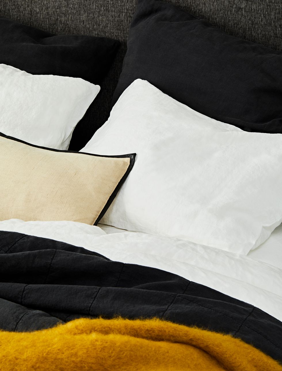 Black, Yellow, Bed sheet, Pillow, Bedding, Duvet cover, Textile, Furniture, Linens, Duvet, 