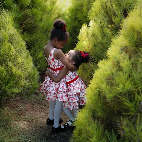 two girls in forest field