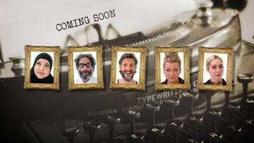 series of framed portraits with a typewriter in the background and text indicating a forthcoming event