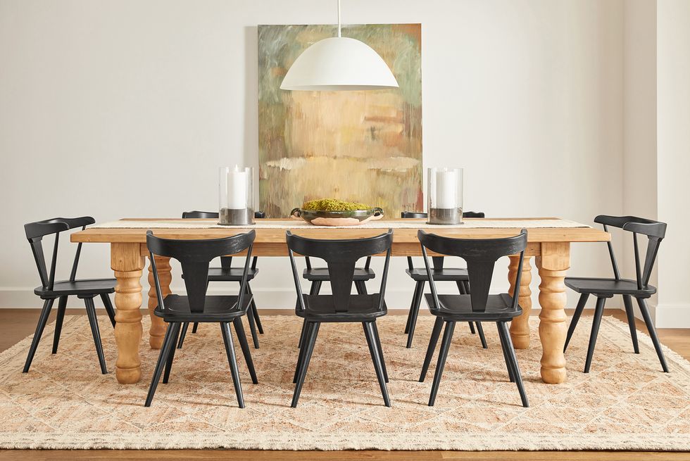 Pottery barn tour, wooden dining table with black chairs in a farmhouse
