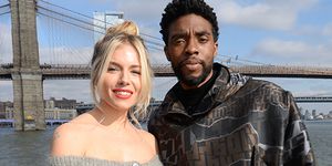 new york, new york   november 19 sienna millerl and chadwick boseman poses during a photo call for 21 bridges at the fulton on november 19, 2019 in new york city photo by brad barketgetty images for stxfilms