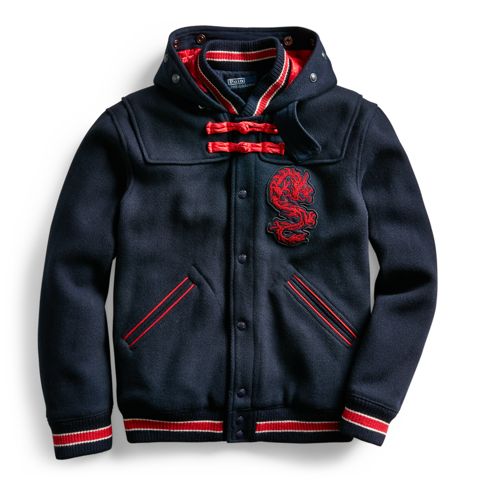 the wool toggle ﻿varsity jacket from the collection, complete with clot's dragon chest patch