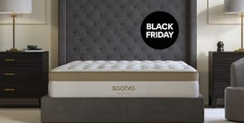 promotional display of a mattress on a bed with black friday label