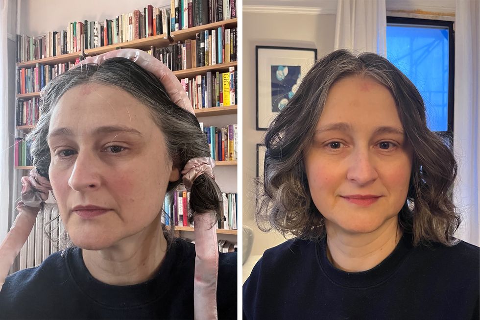 sabina shows the before and after of the heatless hair curlers