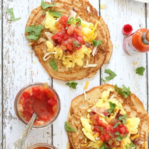 Pancake breakfast tacos with salsa and syrup