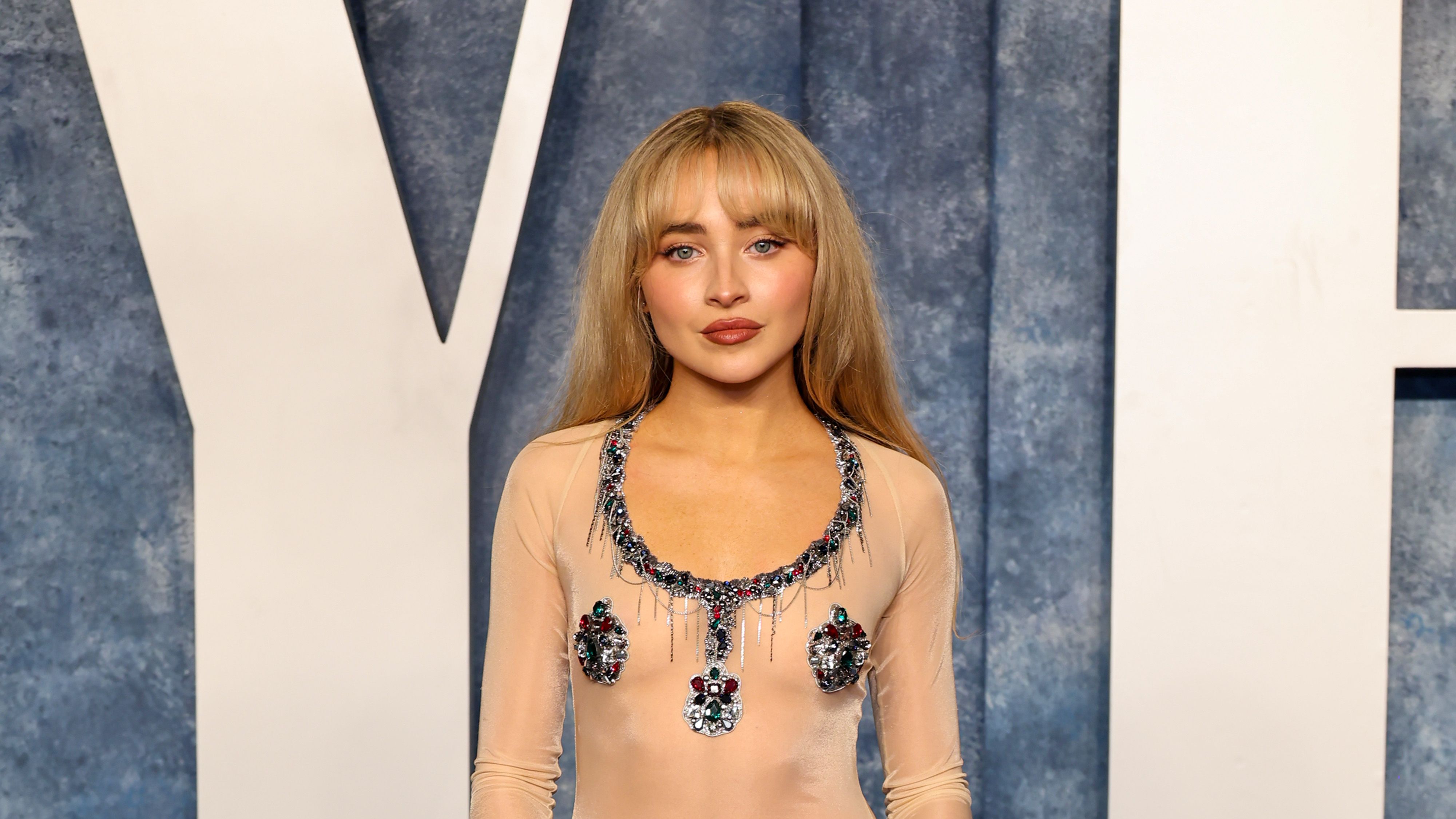 Sabrina Carpenter Wears Sheer Gown at 2023 Vanity Fair Oscar Party