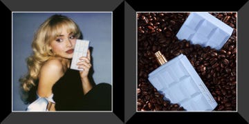 sabrina carpenter holding perfume, perfume bottle in espresso beans