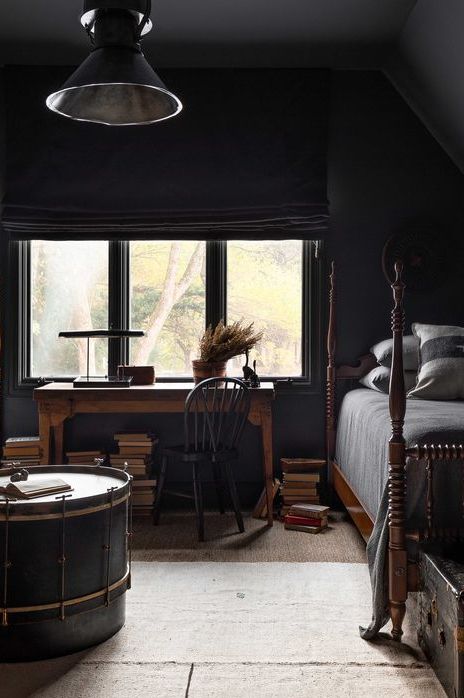 bedroom with black trunks