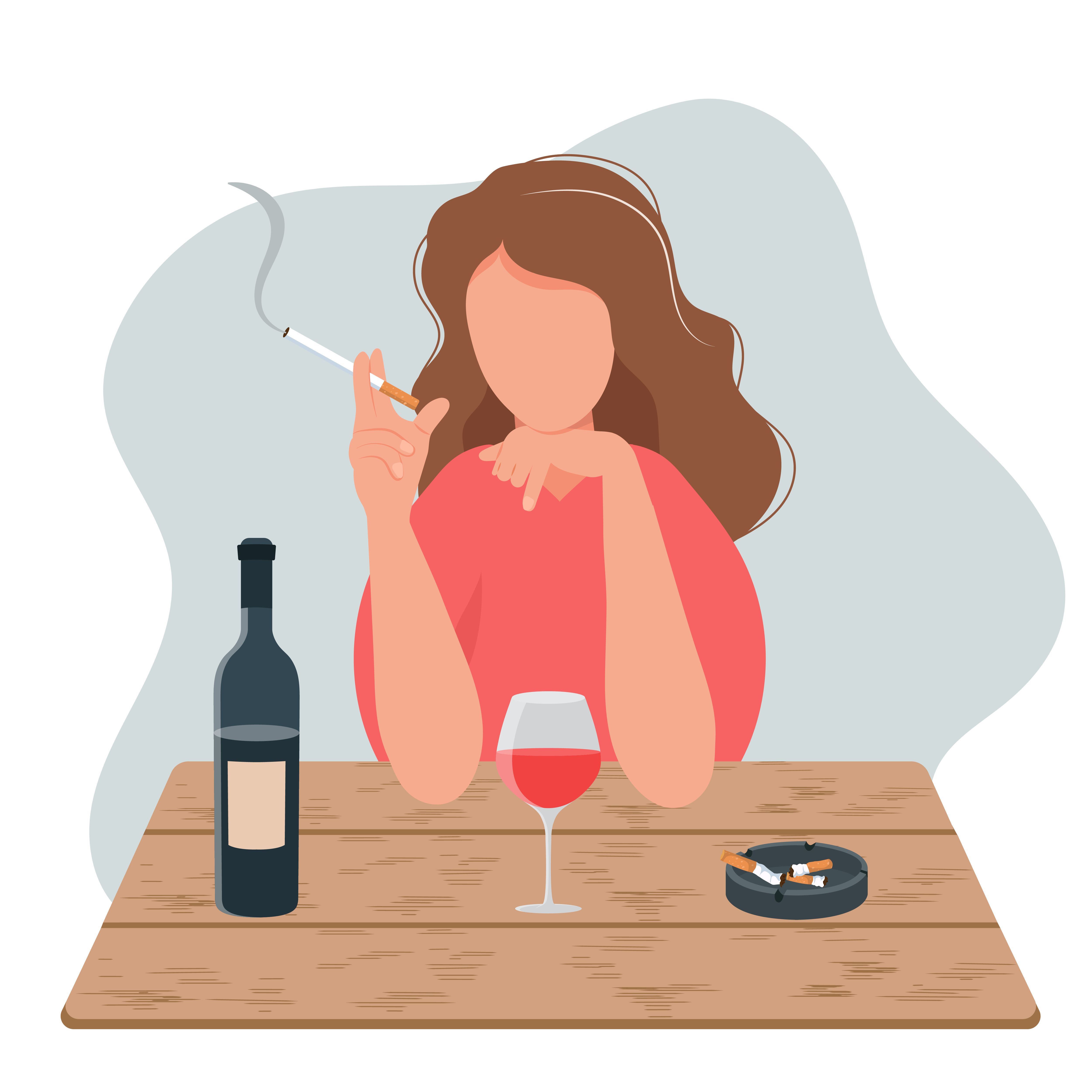 sad girl is sitting at the table, smoking and drinking alcohol bottle of wine, dirty ashtray on the table depression, stress alcohol and nicotine addiction, harmful habit vector illustration