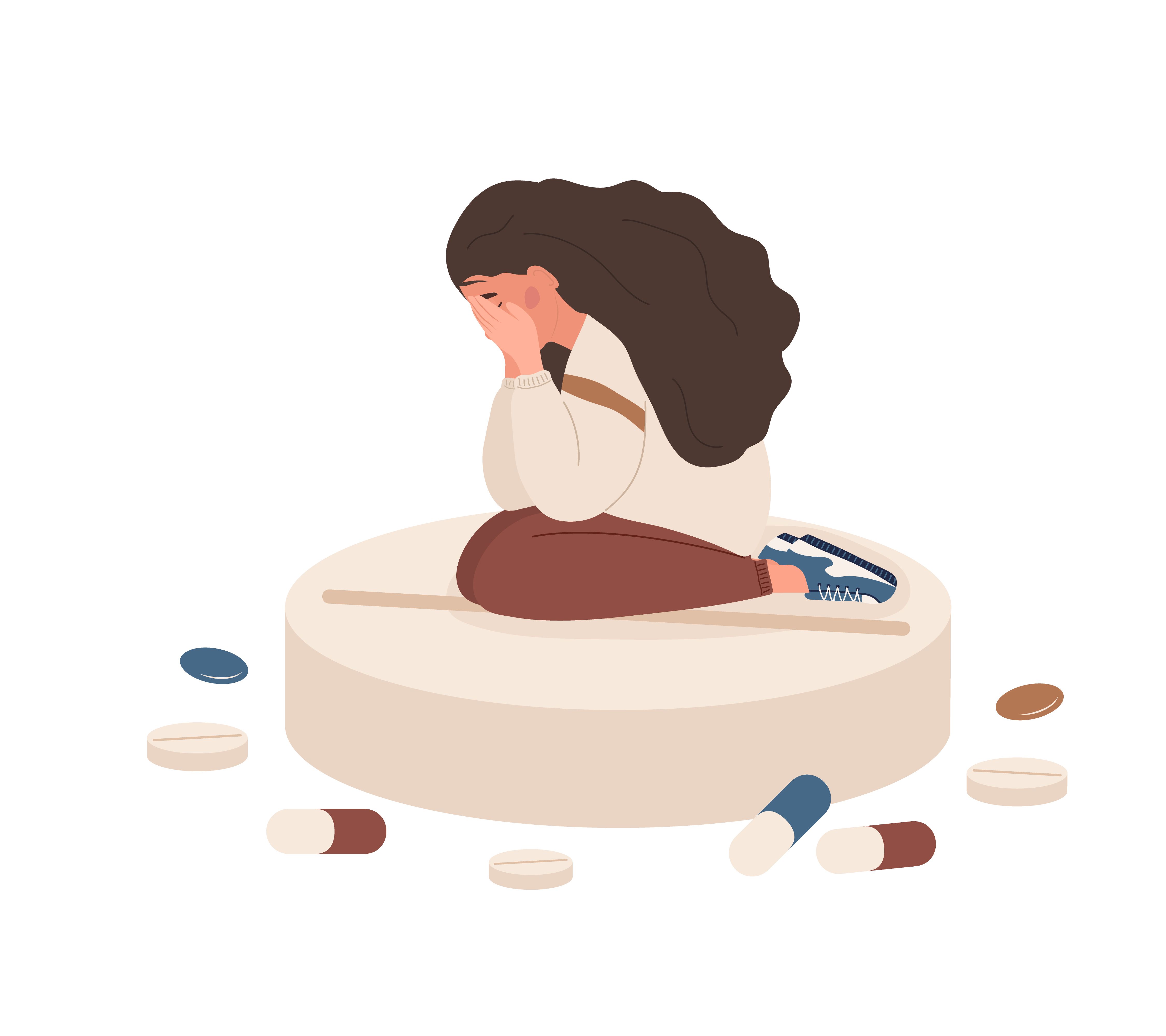 sad woman sitting on big pill mental disorders concept antidepressants, vitamins and hormonal medications depressed teenager needs medical care vector illustration in flat cartoon style