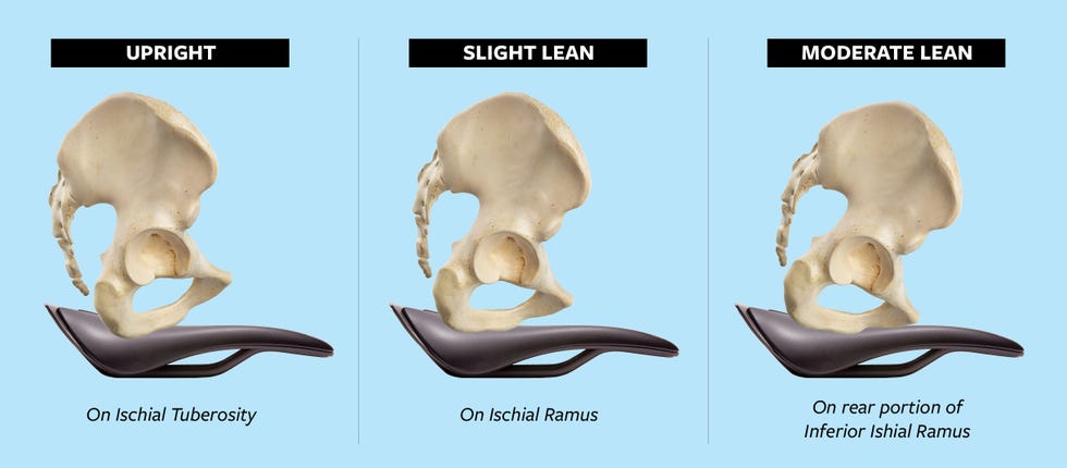 three pelvic models demonstrate various tilt angles and a bicycle saddle