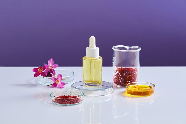skincare bottle with saffron ingredients