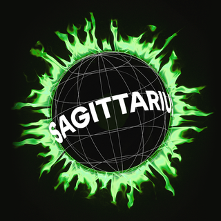 green flames encircle a globe reading sagittarius