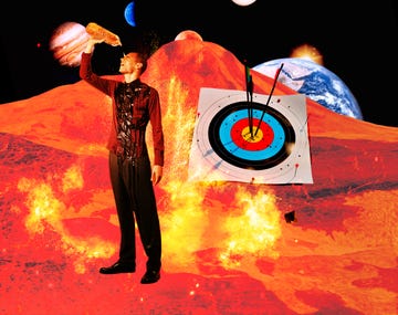 a surreal scene featuring a figure on a fiery landscape holding a beverage with planets in the background and a target featuring arrows