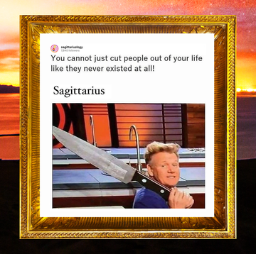 a tweet reading, you cannot just cut people out of your life like they never existed at all , next to an image of gordon ramsay holding a giant knife labeled sagittarius