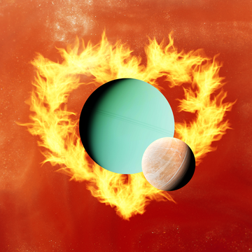 two planets side by side surrounded by a flame heart