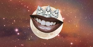 a smiling mouth wearing dark lipstick is placed over a full moon, with three diamonds on top a dark starry sky is in the background