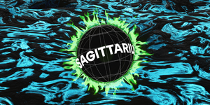 the word sagittarius around a flaming circle