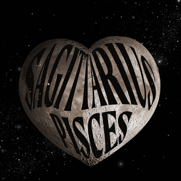 the words sagittarius and pisces over a heart shaped moon