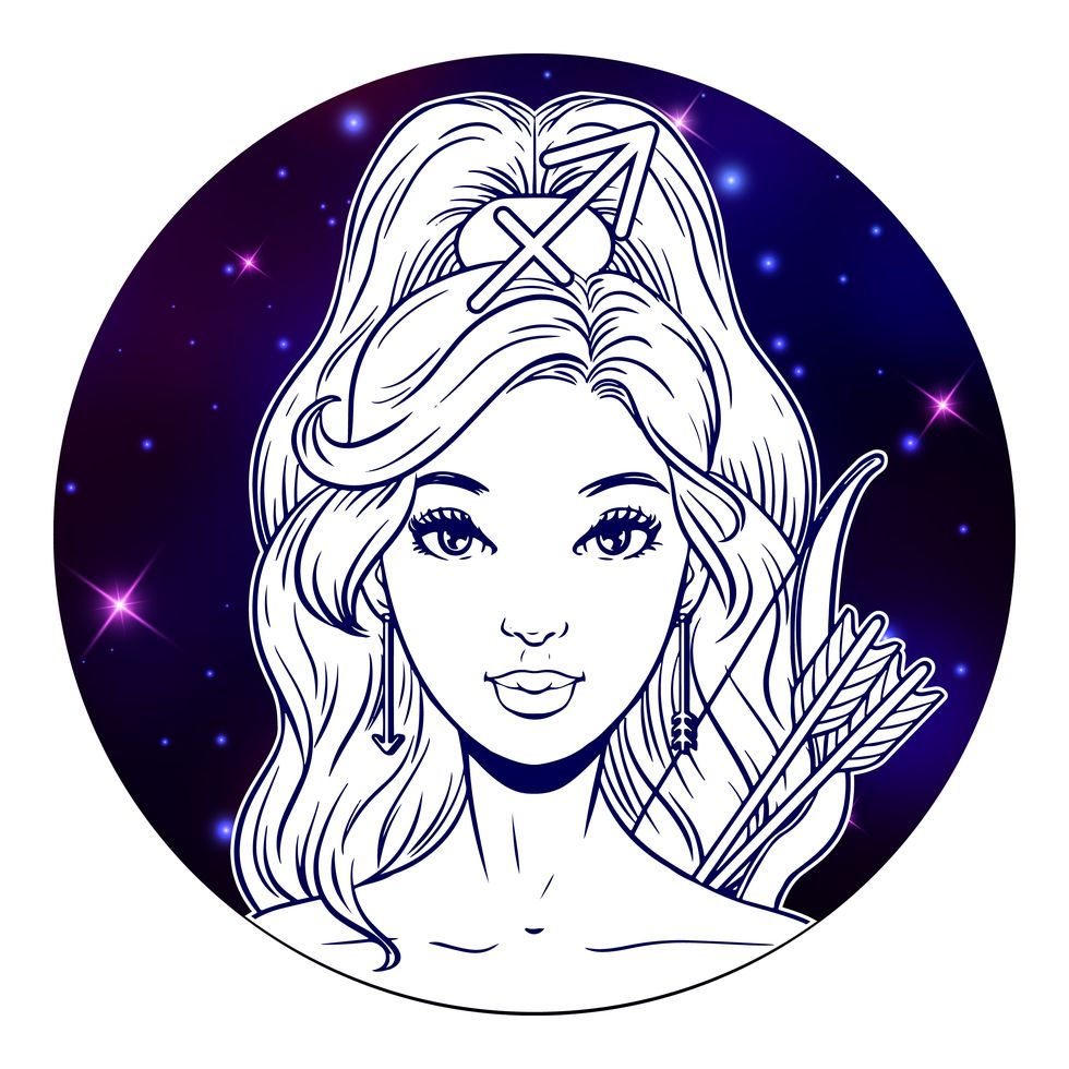 sagittarius zodiac sign artwork, beautiful girl face, horoscope symbol, star sign, vector illustration