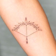 tattoo of carnation flowers and leaves with a butterfly on forearm, tattoo of a bow and arrow with leaves on forearm