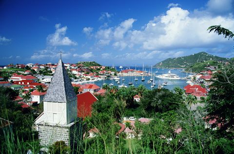 saint barthelemy, gustavia harbour and town, elevated view