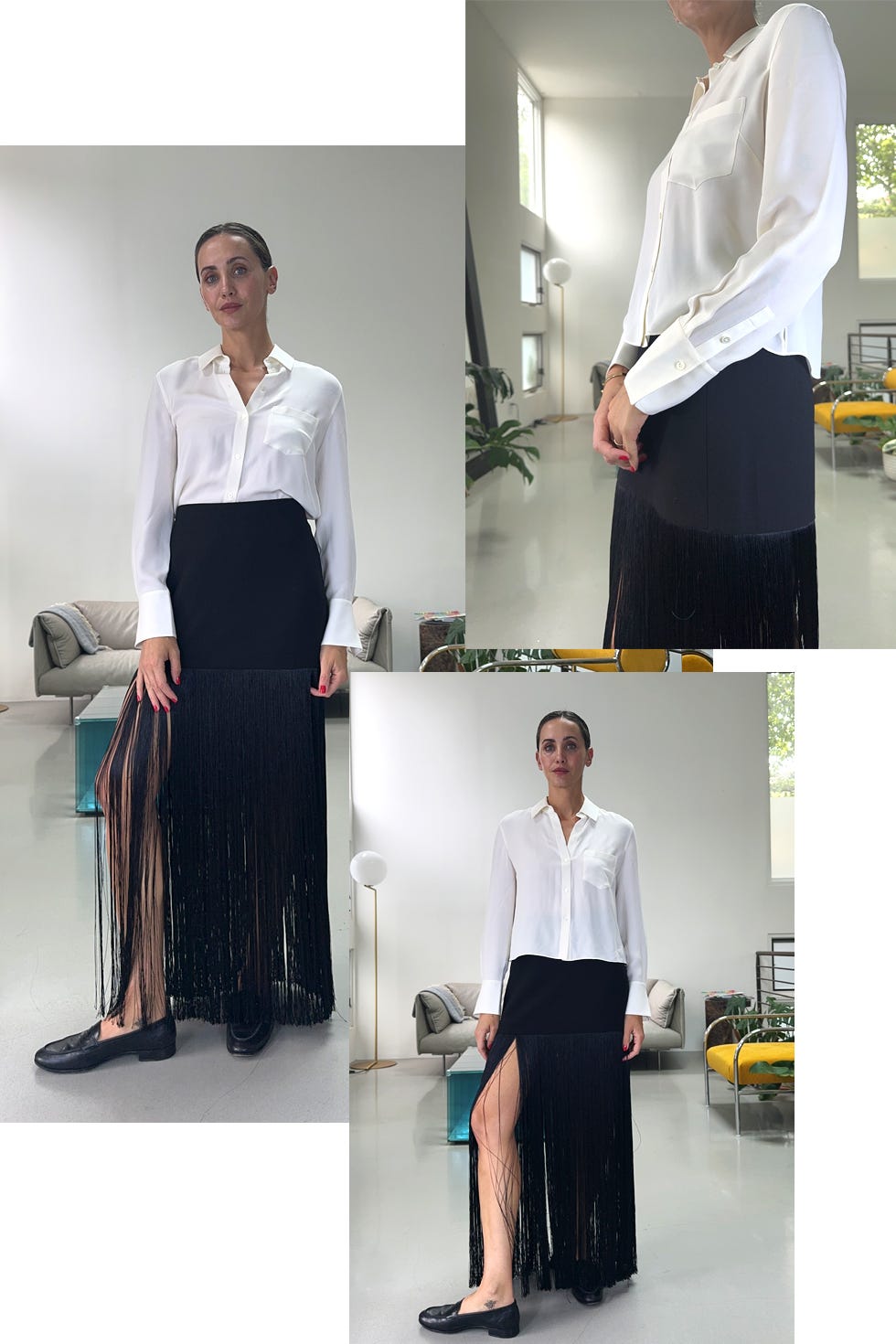 a collage of a woman in a white shirt and a man in a black skirt