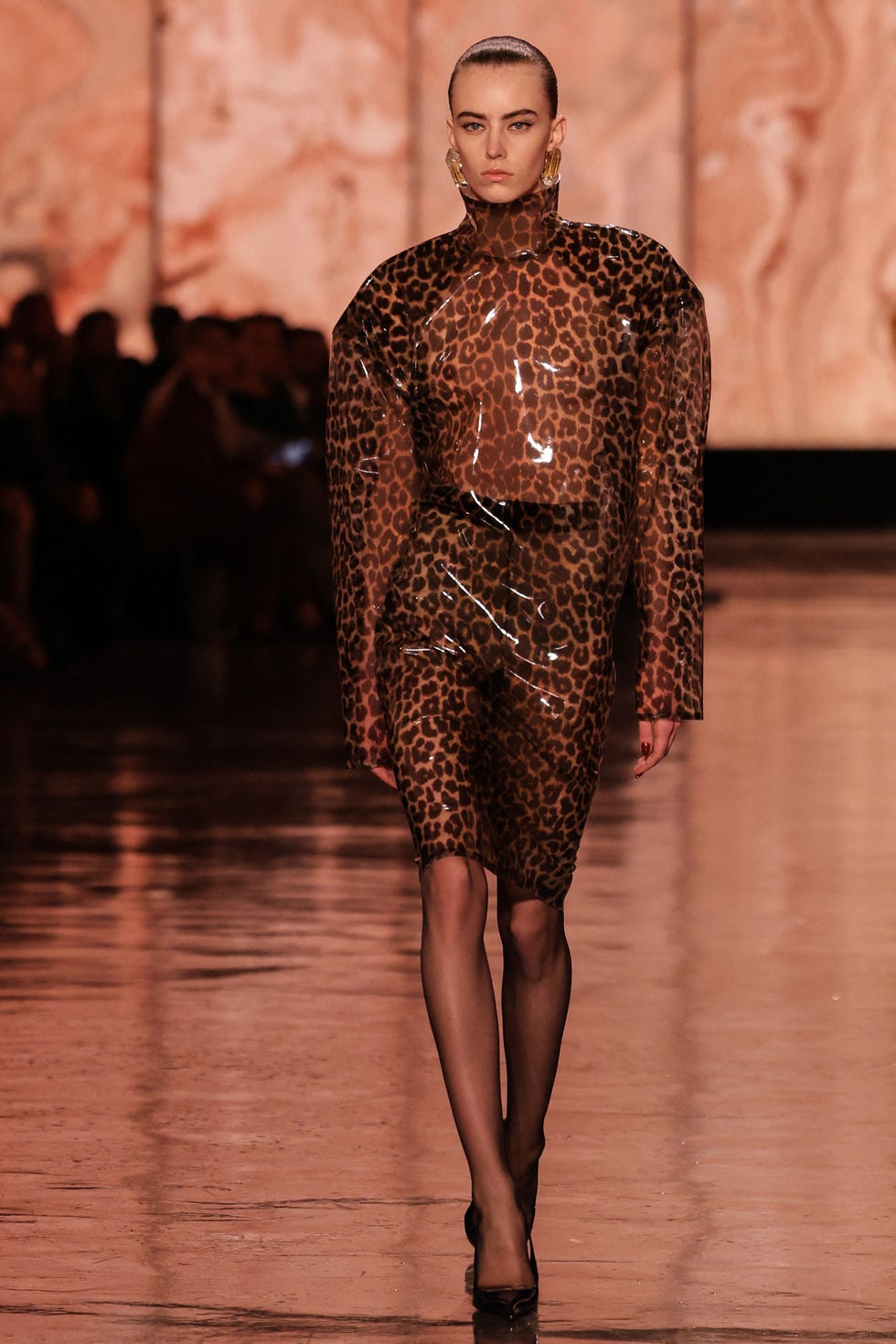 saint laurent leopard print runway outfit at paris fashion week