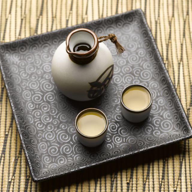 sake set on tray, elevated view