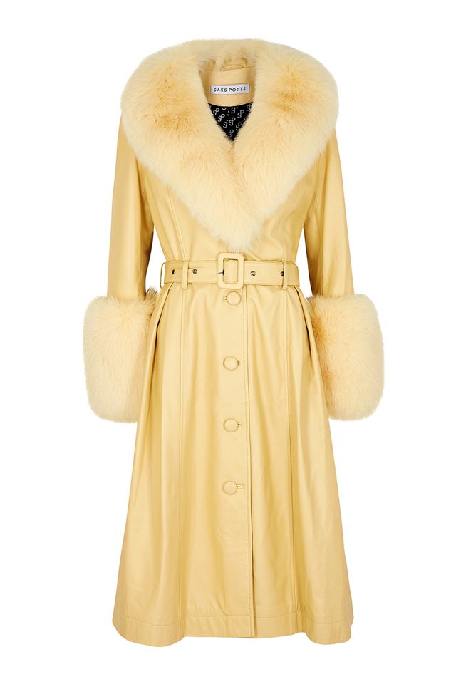 Clothing, Outerwear, Coat, Yellow, Sleeve, Trench coat, Overcoat, Collar, Dress, Beige, 