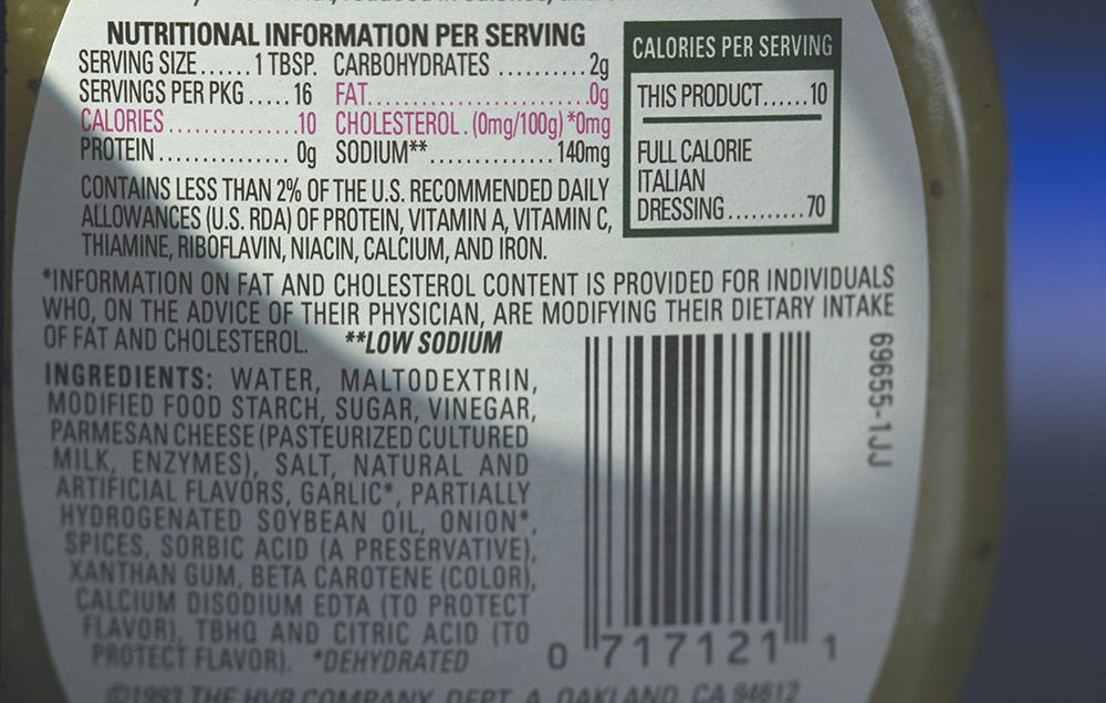 salad dressing label sugar