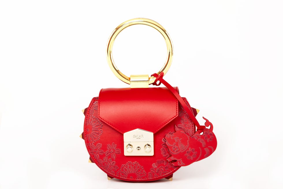 Handbag, Bag, Red, Keychain, Fashion accessory, Coin purse, Material property, Chain, Shoulder bag, 