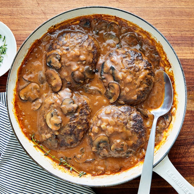 ground beef patties in a pan with mushroom gravy
