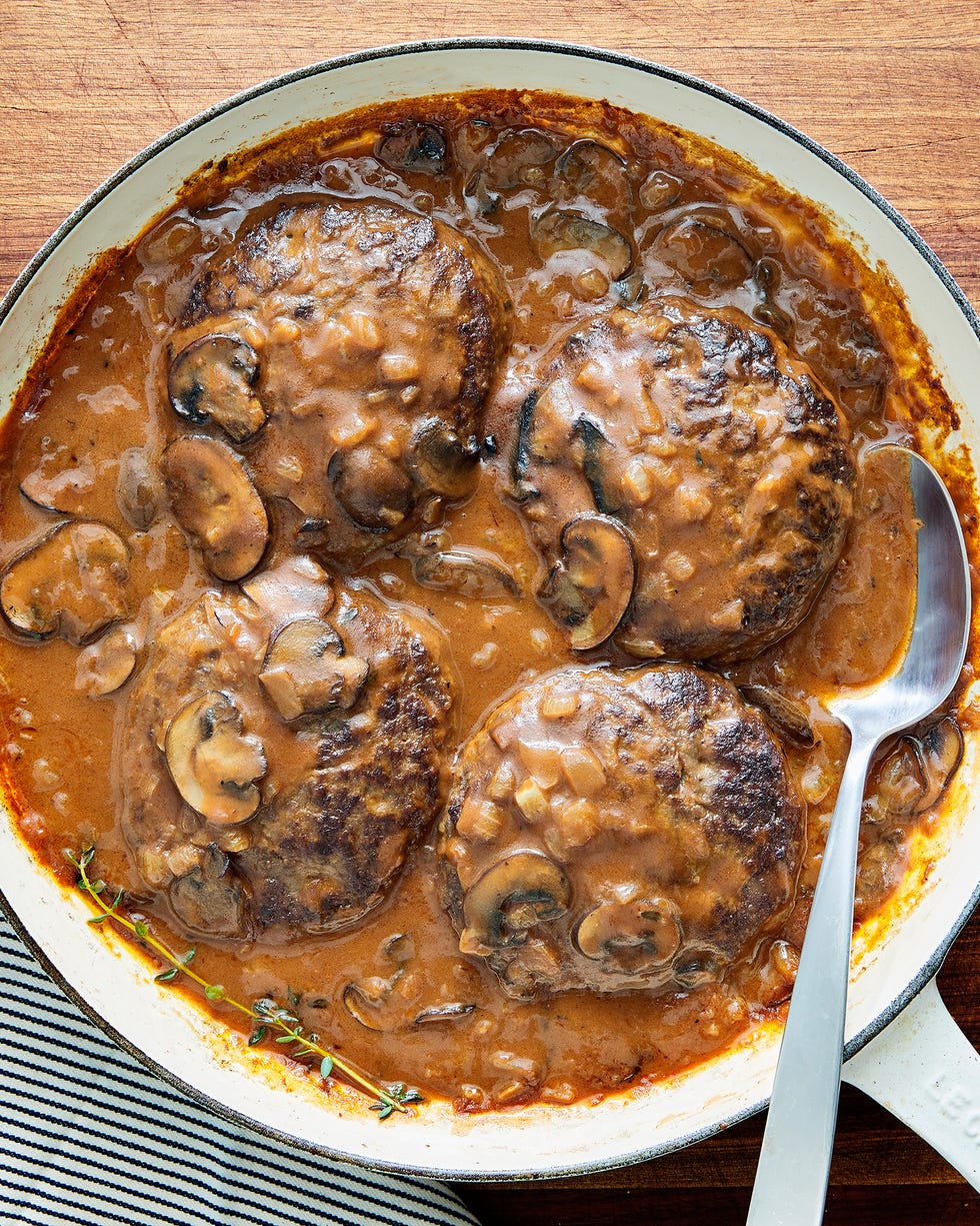 ground beef patties in a pan with mushroom gravy