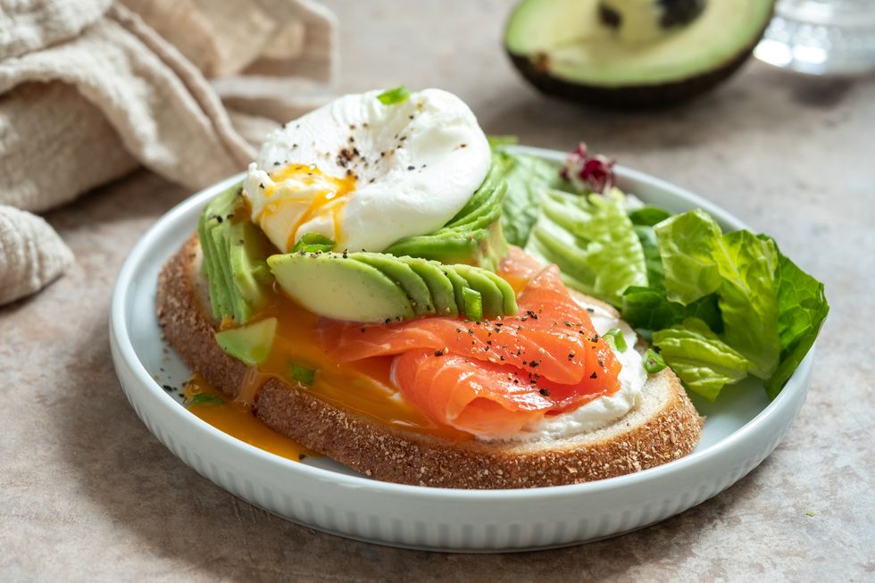 salmon, avocado and poached egg sandwich
