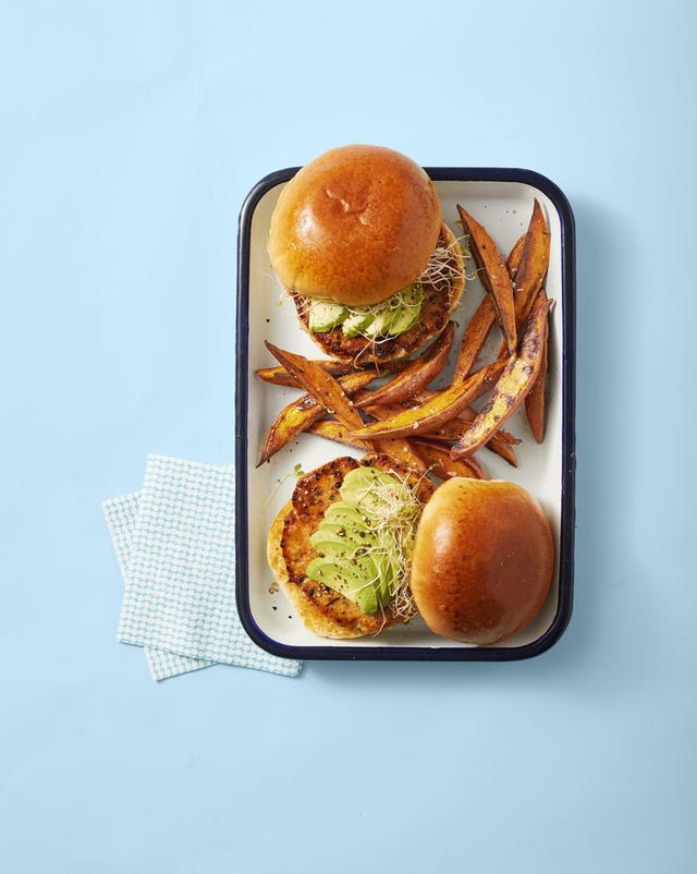 Salmon Burgers with Spiced Sweet Potato Fries