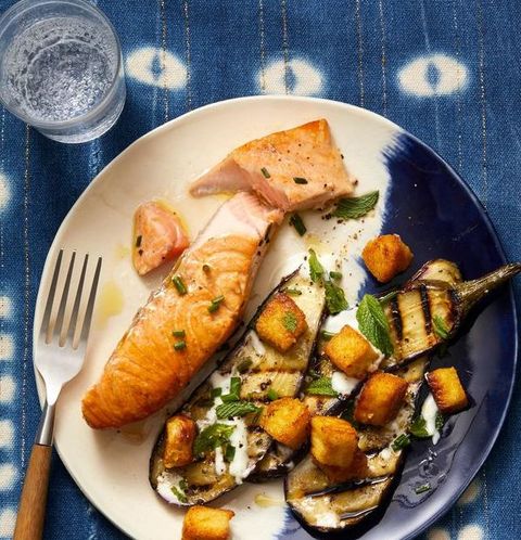 dinner ideas for two - Salmon With Grilled Eggplant and Chickpea Croutons