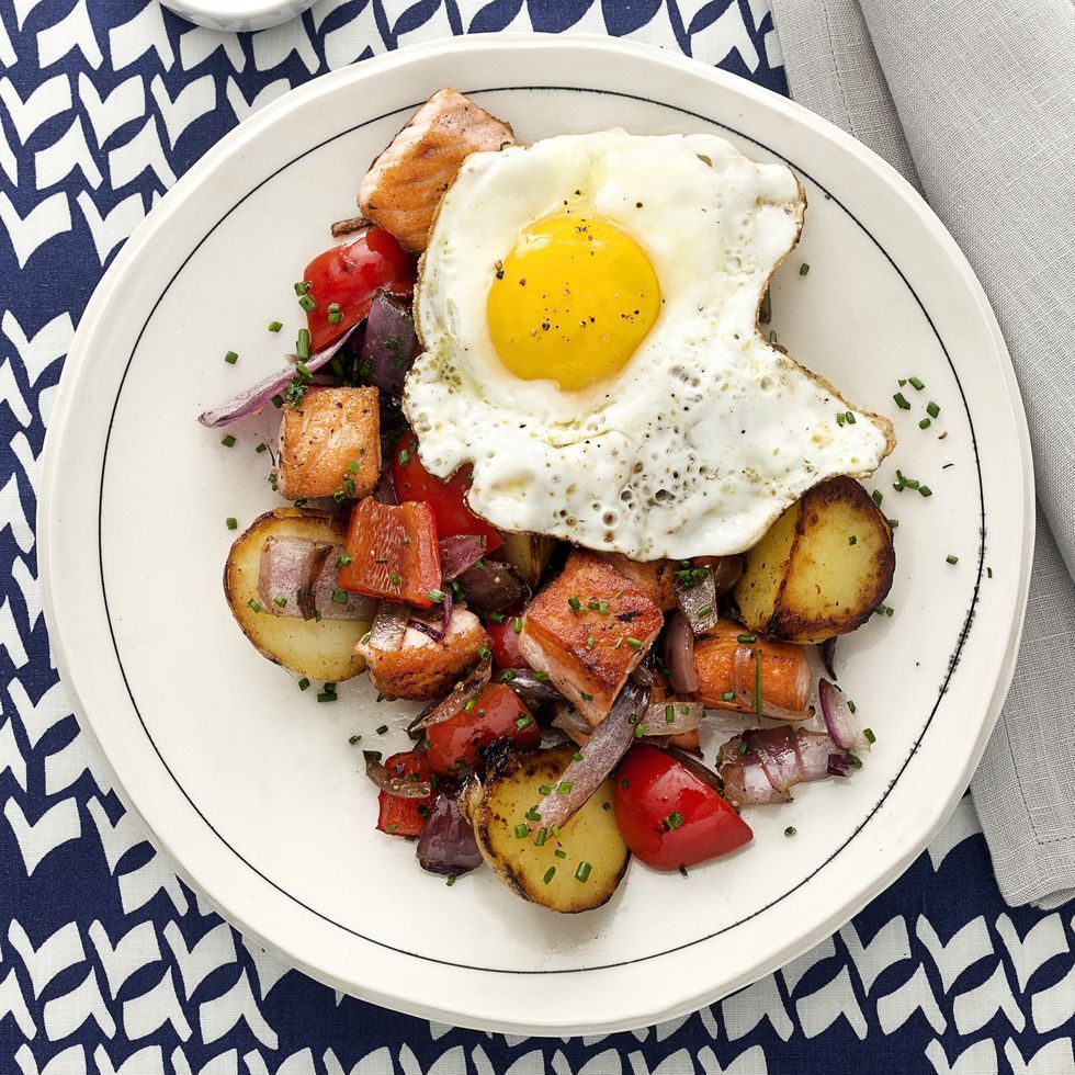 breakfast meal salmon hash with sunny side up eggs recipe