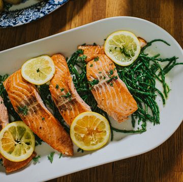 salmon on a serving plate on a table