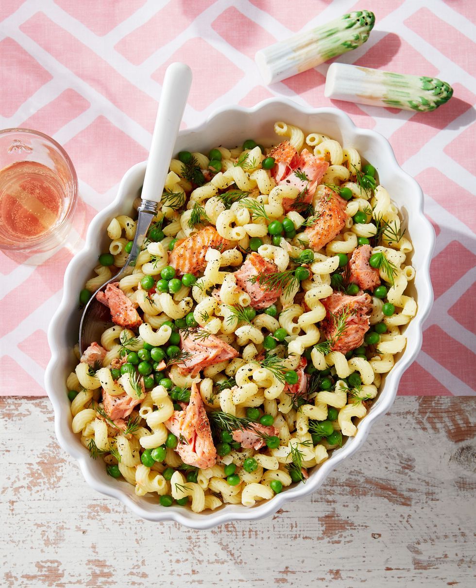 spring pasta with salmon, peas, and dill