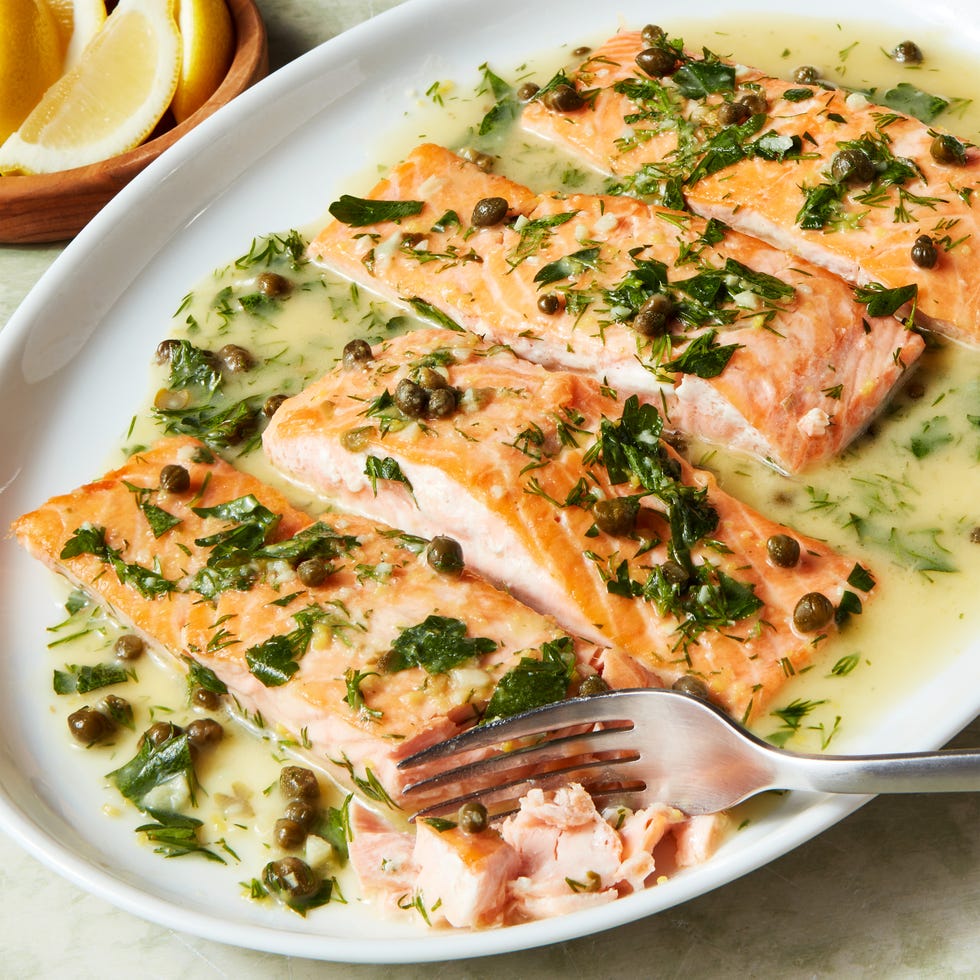 salmon piccata in a white wine and butter sauce with capers