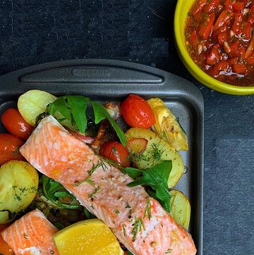 mediterranean salmon traybake   salmon tray bake recipe