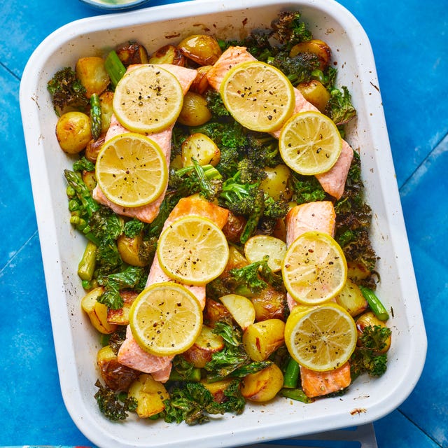 salmon and veg traybake