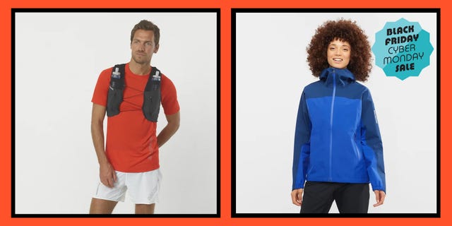 two individuals showcasing outdoor apparel with a promotional banner