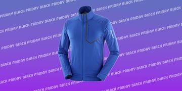 blue jacket with a high collar and a zippered pocket set against a purple background with promotional text