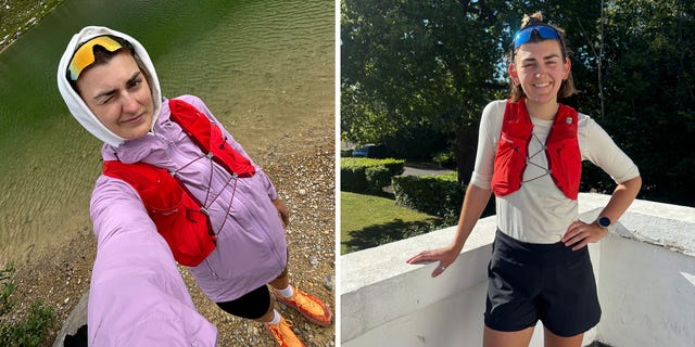 two images of a person wearing sports attire in outdoor settings